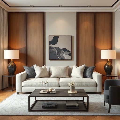 living room with a room divider behind a sofa