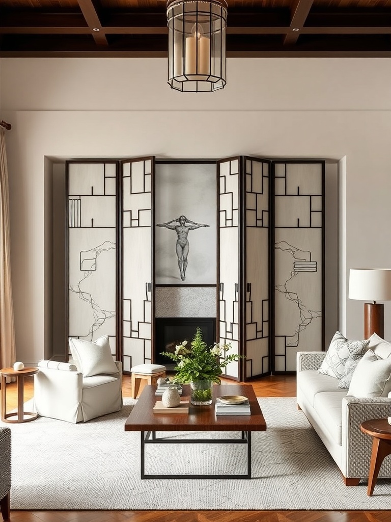 living room with a folding screen divider