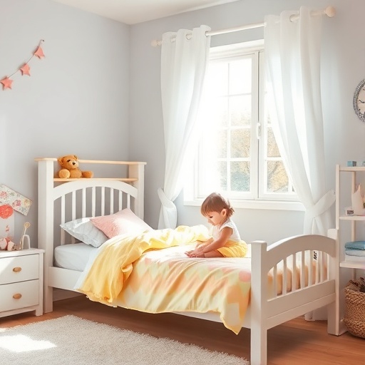 Child playing near big little bed