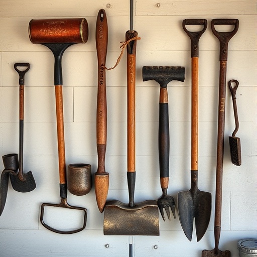 vintage garden tools on a wall