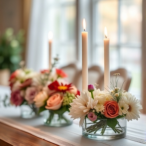 handmade centerpieces with flowers and candles